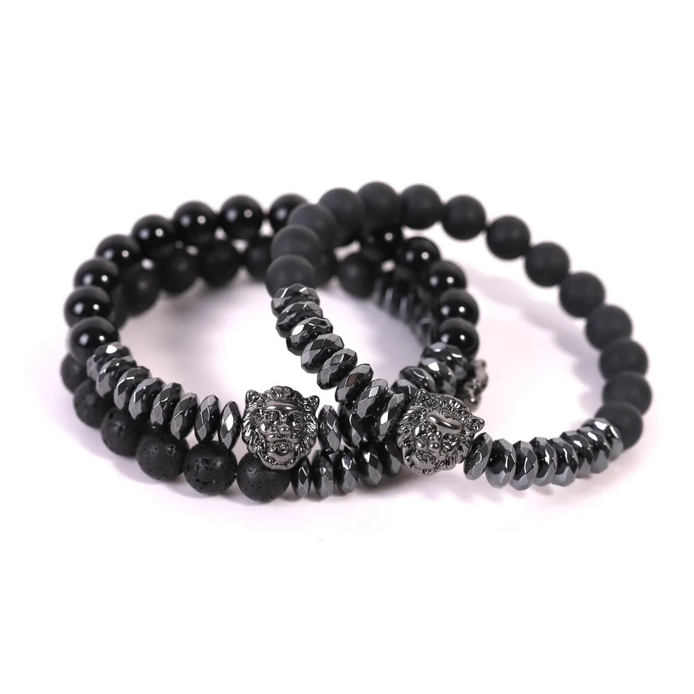 

Amazon hot 8MM round beads volcanic stone bracelet iron lion head frosted black stone bracelet, As pic