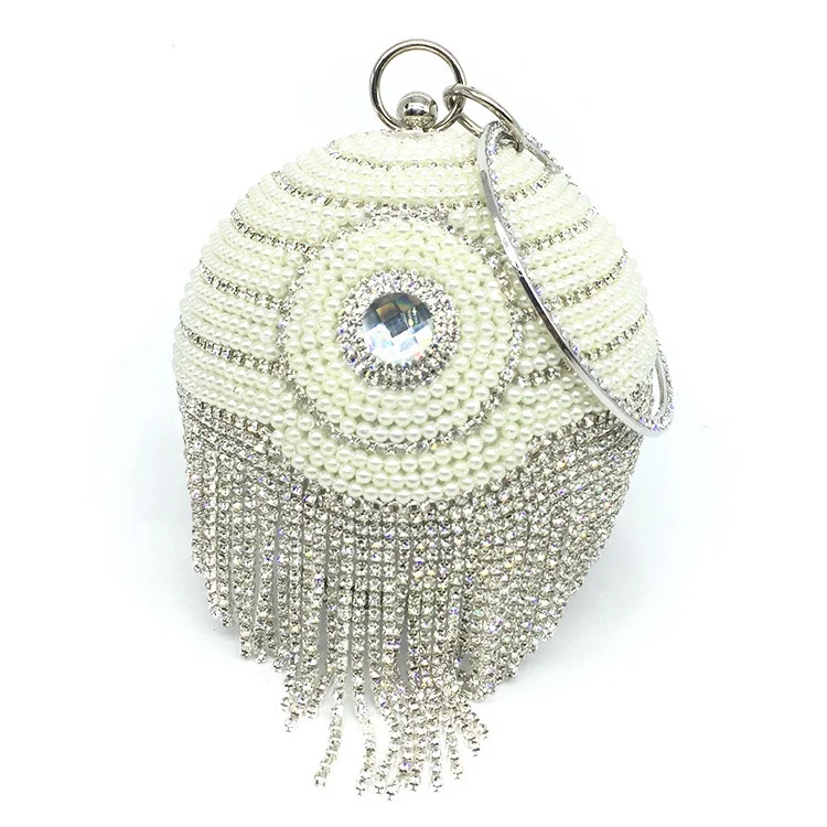 

Wholesale round shaped pearl gold crystal tassel bag ball clutch evening party wedding bags ladies bridal handbag pearl crystal