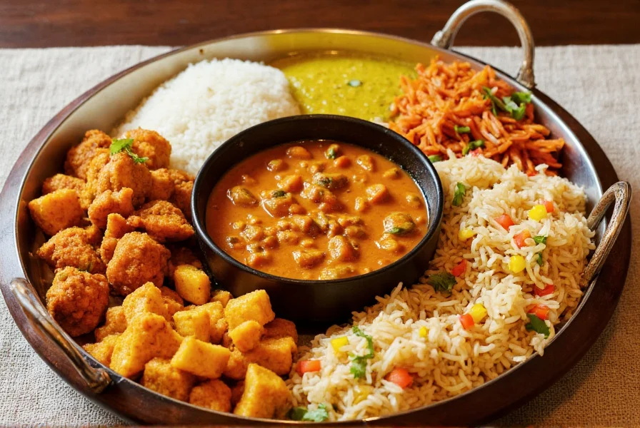 Chili paneer served alongside vegetable fried rice and manchurian on a traditional Indian thali