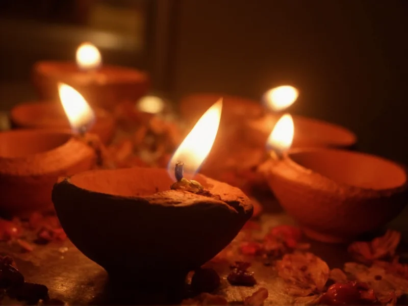 Handmade clay diya lamp glowing during Diwali festival