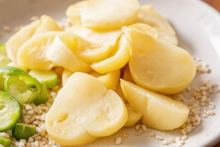 Homemade pickled ginger ingredients: ginger root, rice vinegar, and small amount of sugar