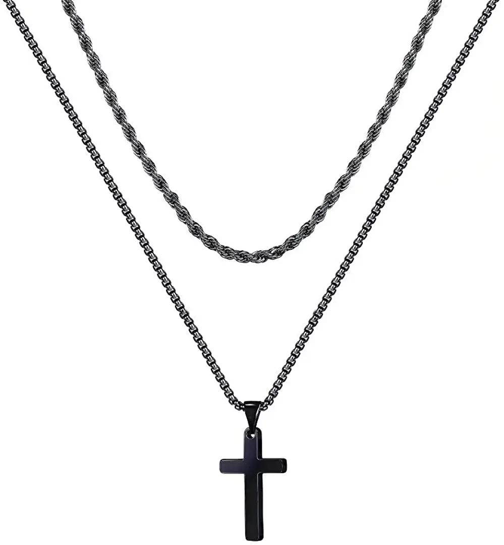 

Stainless Steel Silver Black Gold Layered Rope Chain Cross Pendant Necklace Simple Jewelry Gifts Necklace 16-26 Inches Box Chain