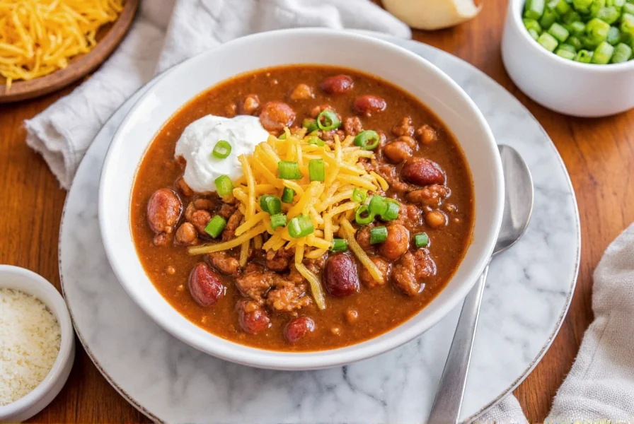 Bowl of pulled pork chili served with toppings including sour cream, cheese, and green onions