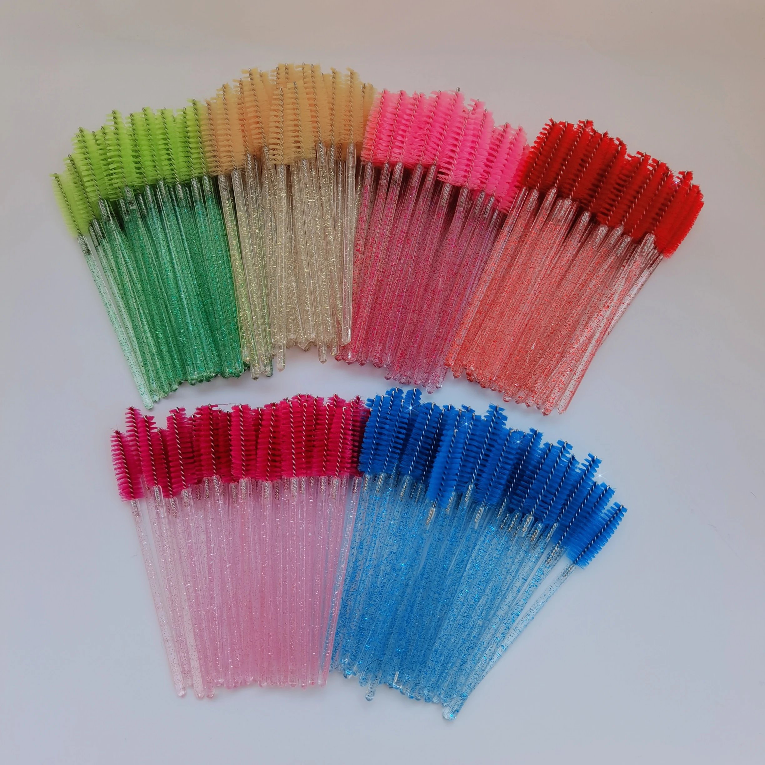 

50 Pcs/Bag Lash Cleansing Brushes Disposable Crystal Handle Nylon Mascara Wands Spoolies Shiny Crystal Eyelash Applicator, Pink,yellow,blue,green,rose red