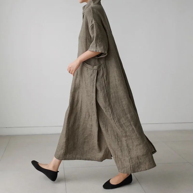 

Wholesale 2021 Spring and Summer Loose Plus Size Dress Cotton and Linen Big Pocket Linen Long Over The Knee A-line Dress, Navy,gray,brown