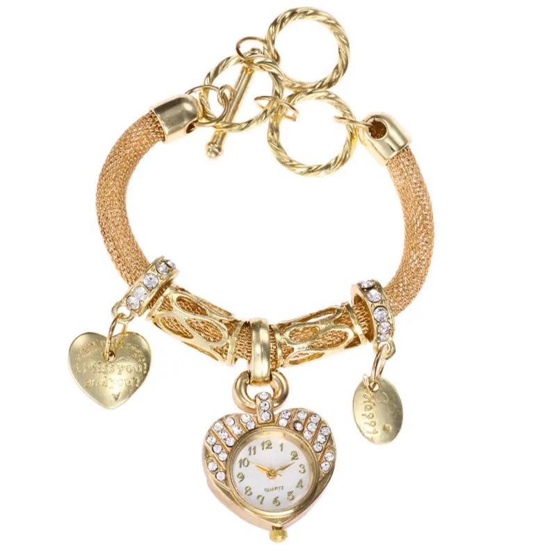 

Gold silver heart shape pendant Peach pit rope bracelet wrist watch ladies women