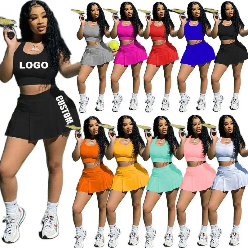 

hot sale summer custom female wear print logo ladies t-shirt skirt suit clothing sport trendy clothes tennis set women sports