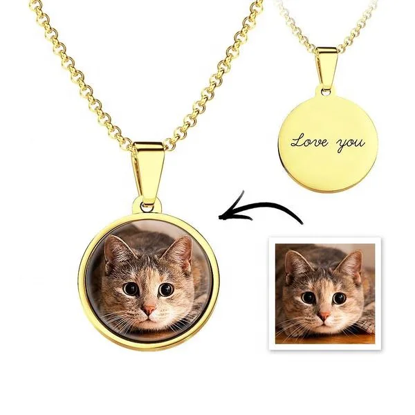 

Trendy Necklace Gold Plated Round Pendant Photo Picture Necklace Double Sided Stainless Steel Jewelry For Girlfriend