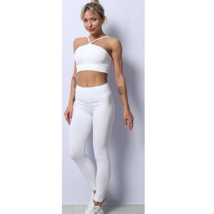 

Tight-Fitting Running Seamless White Color Two Piece Beauty Back Cross Strap Yoga Bra and Pants Set, 9 colors