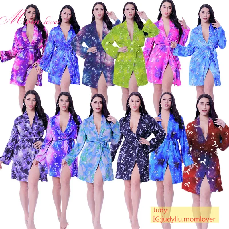 

Wholesale custom Virgo Printed Loose Girl Bathrobe Fashion Satin zodiac Robe Long Sleeve Ladies Night Robe Adult Bathrobes
