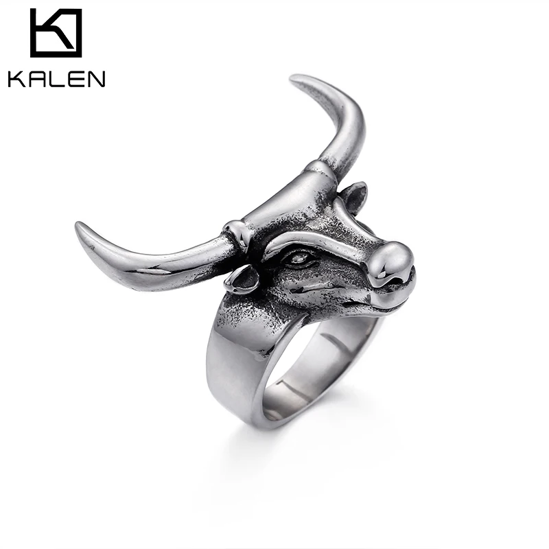 

KALEN Hot Selling Stainless Steel High Polished Cattle Cow Head Men Ring, Silver