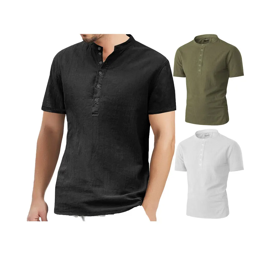 

Henely collar Hemp Clothes Plain Tshirt Men with Button