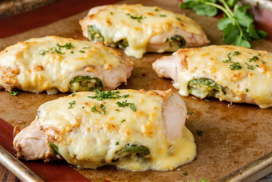 Baked jalapeño stuffed chicken breasts with melted cheese and fresh herbs on baking sheet