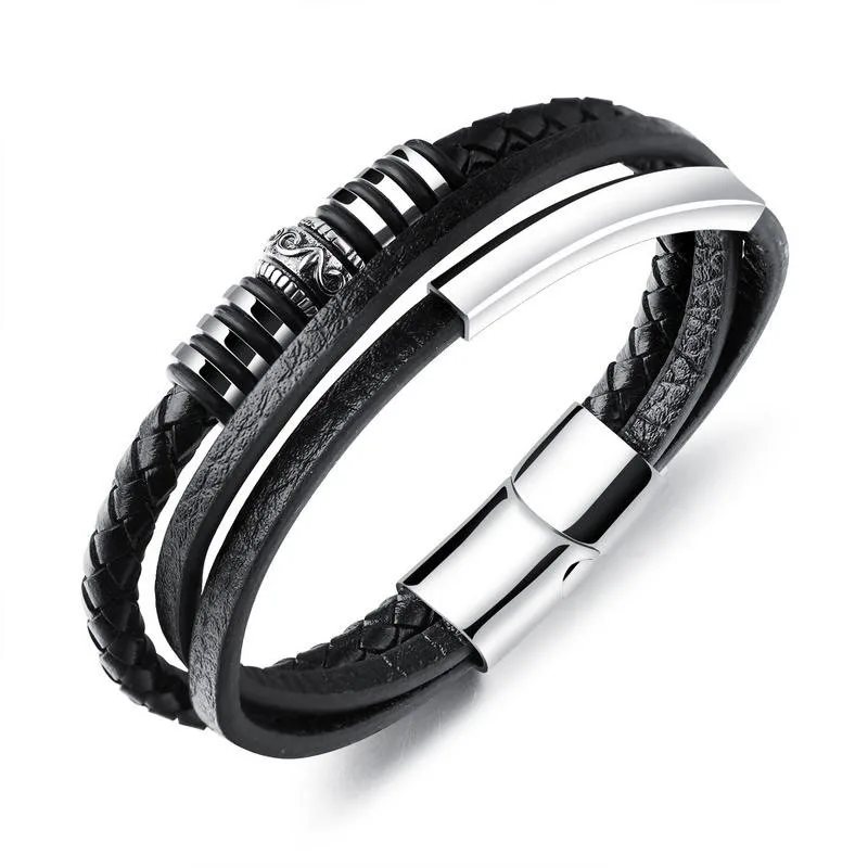 

2022 Mens Multilayer Black Braided Leather Bracelet Magnetic Clasp Stainless Steel Leather Bracelets