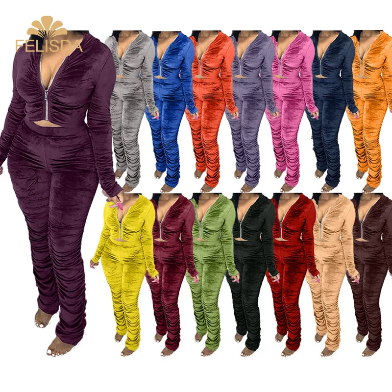 

Essential Winter Warm 2 Piece set Women Clothing 3XL Casual Golden Velvet Zipper Hoodies Tracksuit Outfits Two Piece Set 2020