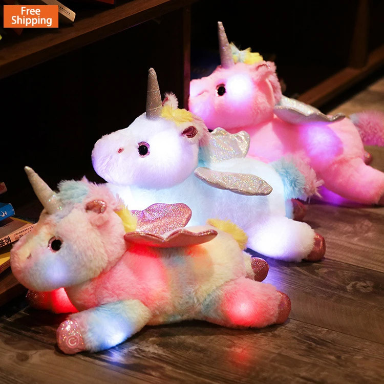 

In stock children gift Cute colorful glowing doll unicorn plush toy with light, Blue/black/orange..