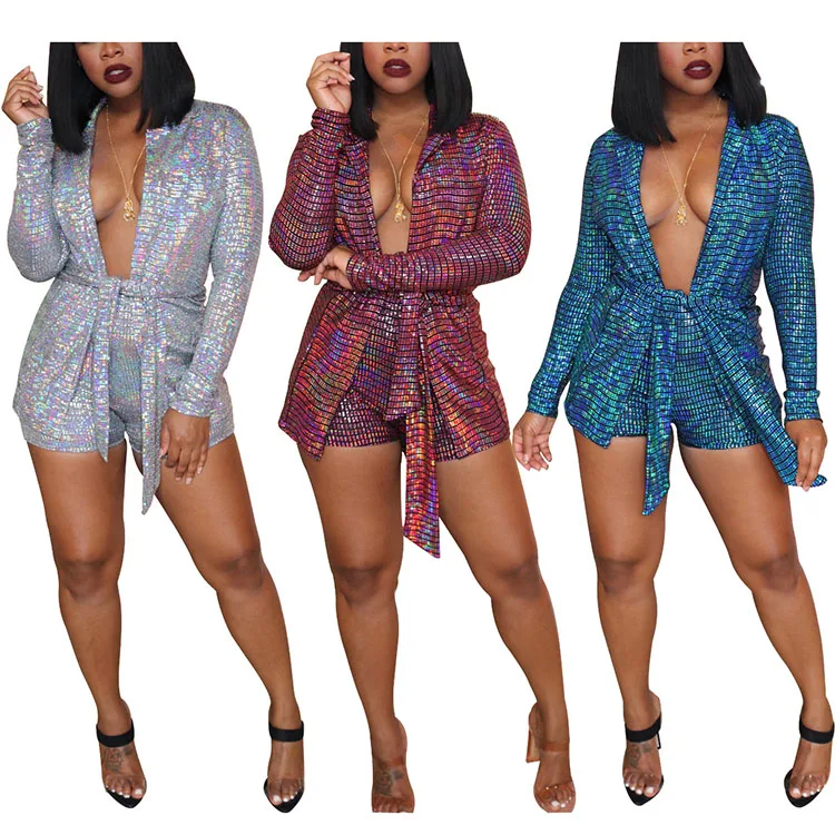 Sexy sequins suit outfits 2 piece shorts sets women club wear