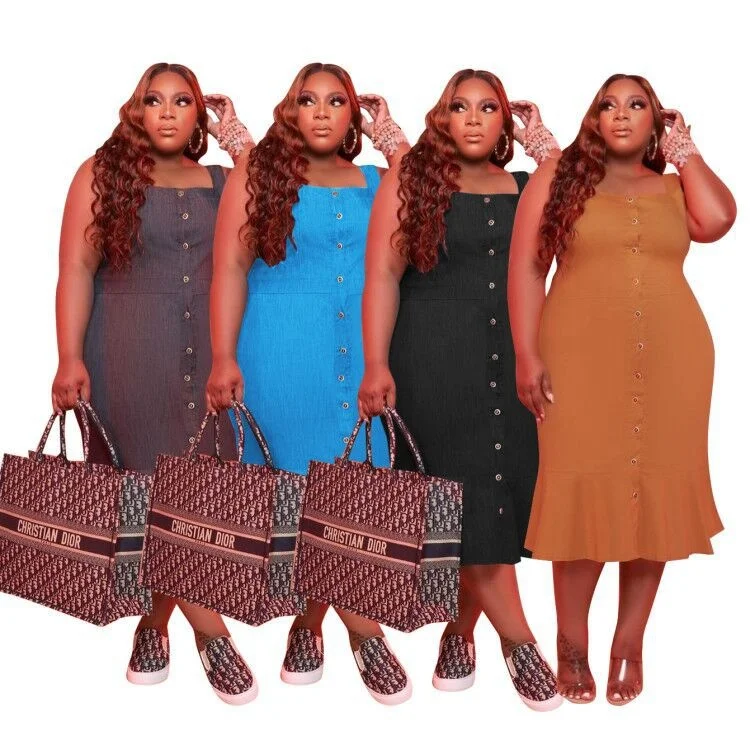 

YS-M6633 Summer ladies fat ladies fashion mermaid shape knit summer dress women button up plus size 5xl woman dress, As picture shows or customized color