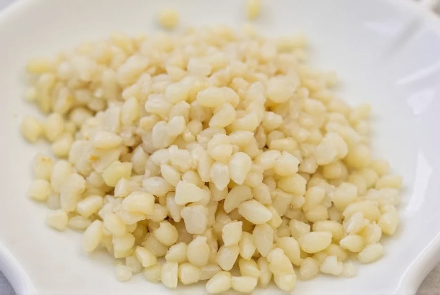 Vergleich von 3 Knoblauchzehen neben 1,5 Teelöffel gehacktem Knoblauch