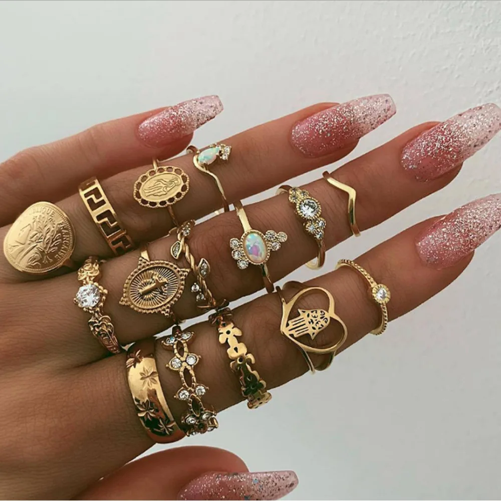 

2020 Boho Fashion Vintage Gold Coin Beauty Head Pattern Cross Women Diamond Rhinestone Love Fatima Palm Wedding Rings Set, As picture