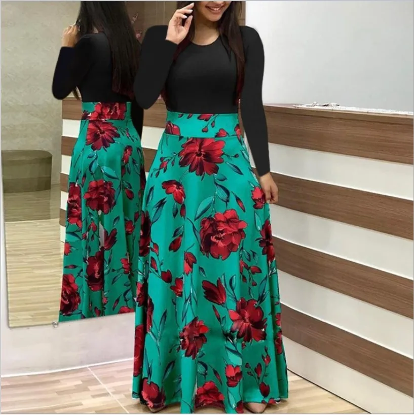 

2021 wholsale slim spring Long Summer Maxi For Cotton Plus Size Casual Fashion sleeved vintage print casual floral woman dress