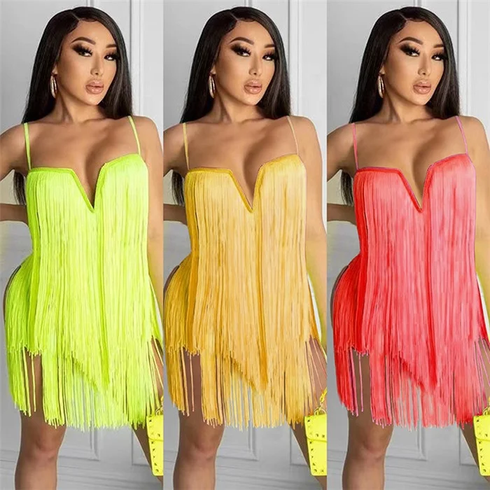 

Custom solid color tassel dress women sexy mini dress bodycon slip dress