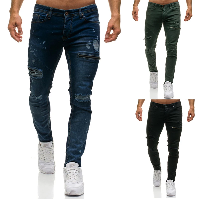 

Wholesale fashion slim fit skinny straight washed ripped denim pants 2021 men's jeans, Black,blue,army green