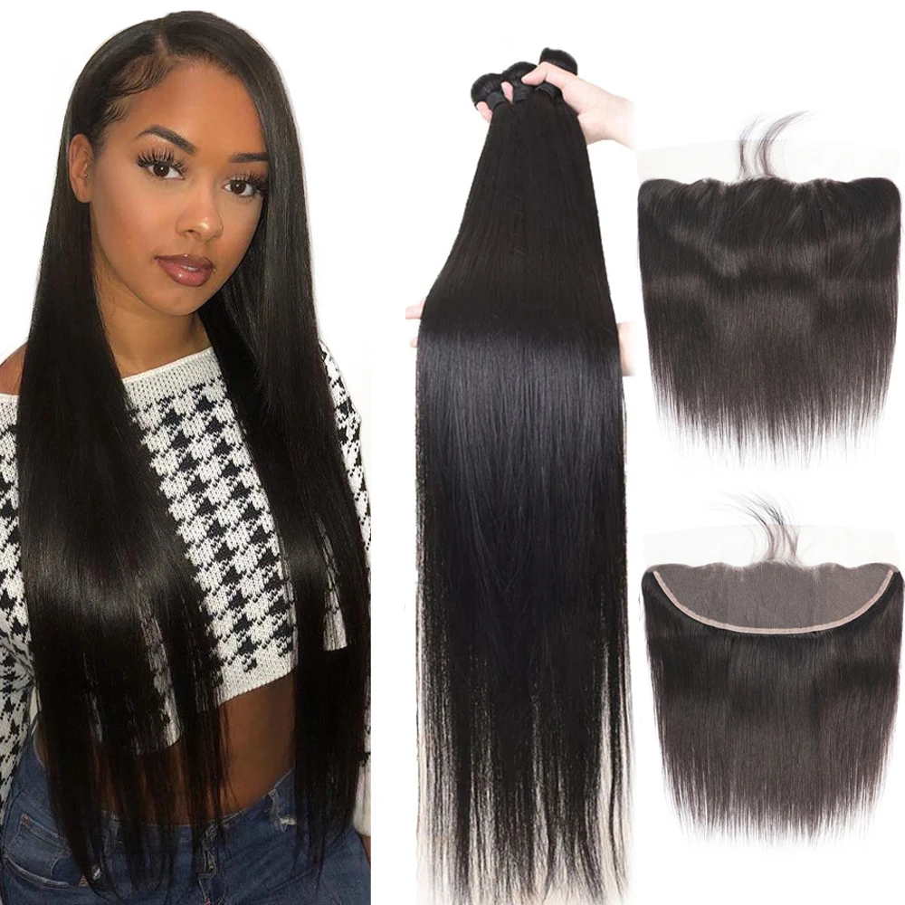 

Human Hair Bundles With 13x4 Lace Frontal Brazilian Hair Weave Straight 3 Bundles With Frontal 28 30 Inches