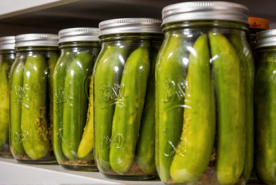 Close-up of properly sealed mason jars containing vibrant green pickled jalapeños arranged on a pantry shelf