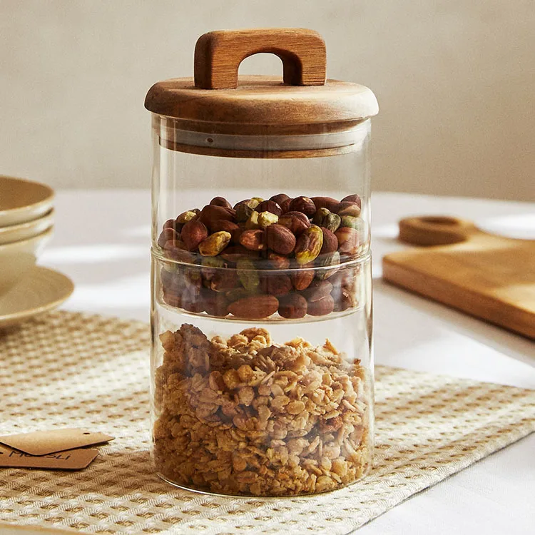 

Creative New Design Transparent Round 2 Tier Stackable Glass Container Canister Food Storage Cookie Jar with Wooden Lids