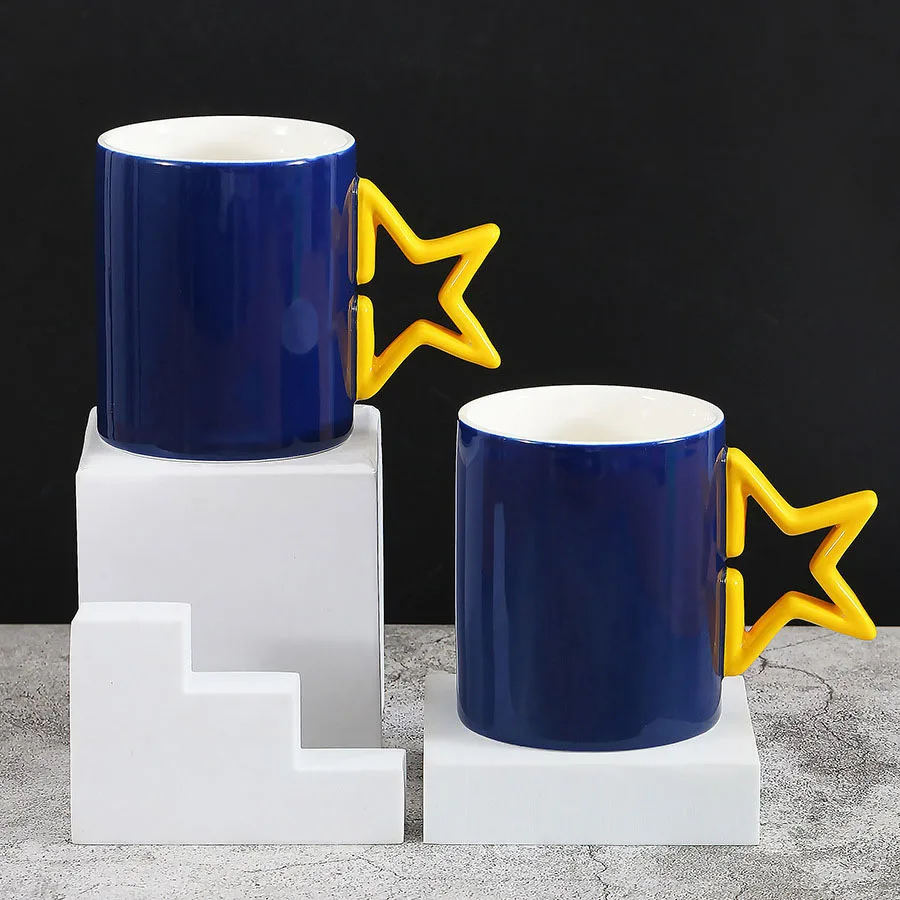 

Wholesale Couple Pair Cup Star Handle Coffee Mug Creative Ceramic Cup Porcelain Office Mug Customization, Full decal