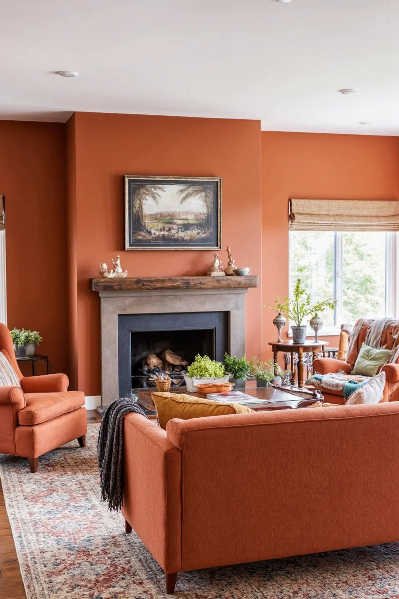 Open living area with a large rust-colored sectional sofa