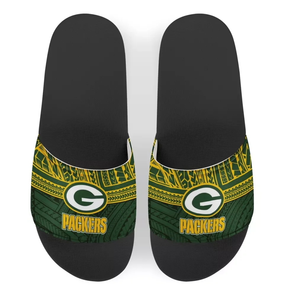 

Bay Packers football slippers green Polynesian tribal design Designer Shoes NFL men custom Slide Sandal Made Printed Logo, Customized color