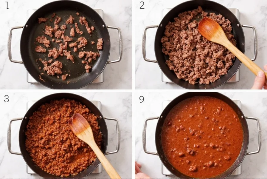 Step-by-step visual guide showing proper meat browning technique for homemade chili recipe