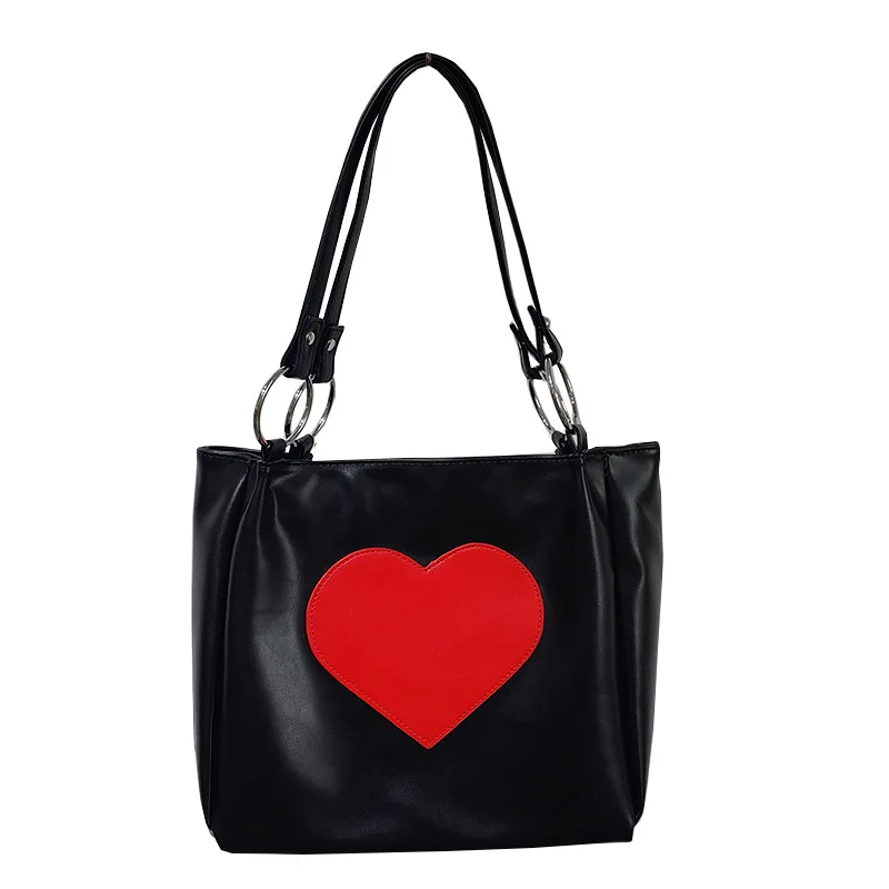 

Fashion Love Heart Sewing Soft Smooth PU Leather Shoulder Bag College Girls Working Zipper Bags Tote Handbags, Black beige-white purple