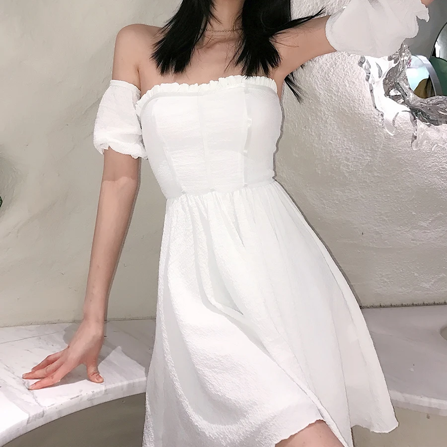 

Nibber K21D00819Wrinkled Pleated Women Dresses Strapless Corset Dress Patchwork Sleeve Minidress Female Factory Wholesale Custom, White