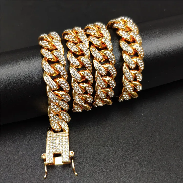 

High quality hip hop 12.5mm full diamond large gold chain Cuban chain necklace, Silver, gold