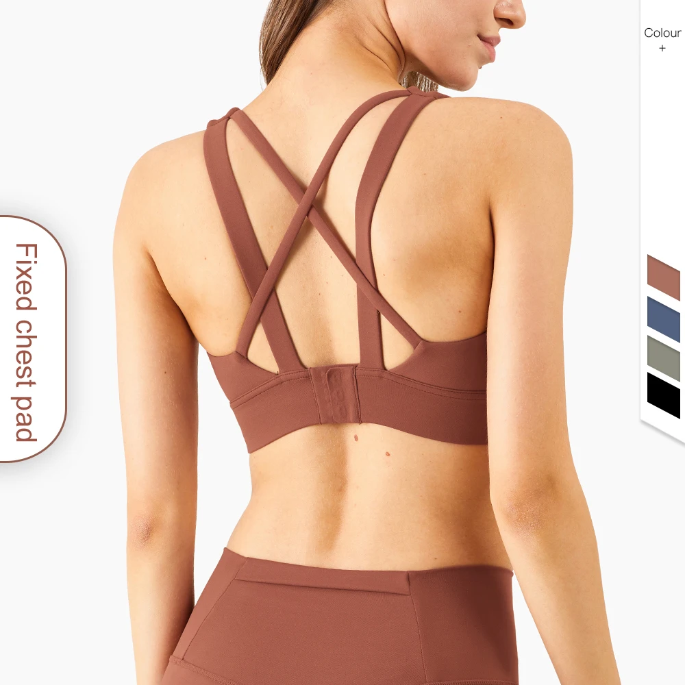 

New Adjustable Clasp Yoga Gym Bras Sexy Back Cross Sports Fitness Bras Women Fixed Cup Workout Bras, Picture shown