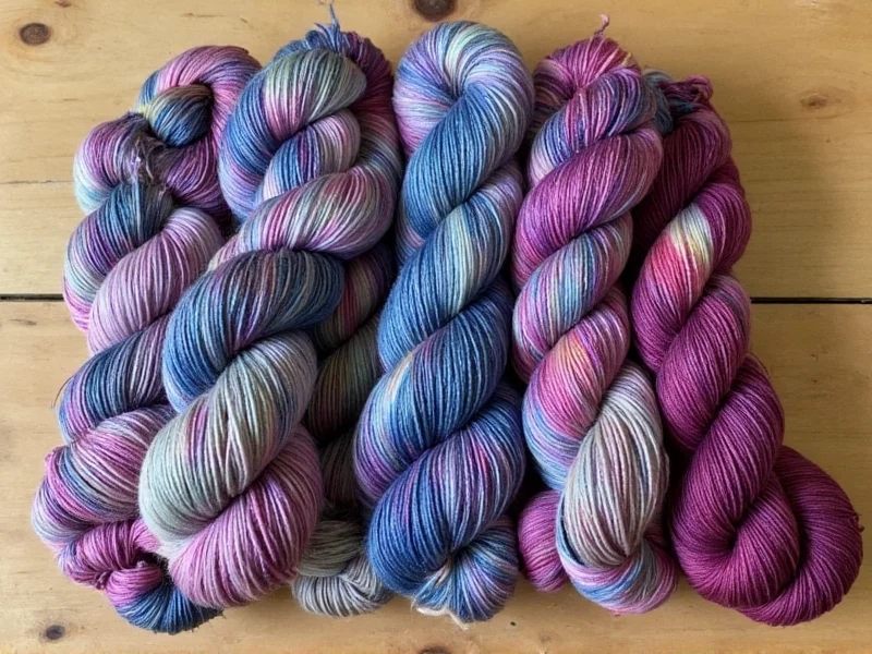 Hand-dyed yarn bundles on wooden table