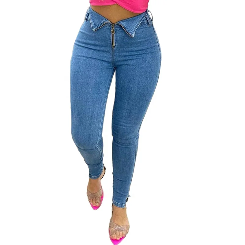 

Exposed Zip Front Blue Womens Skinny Stretch Jeans