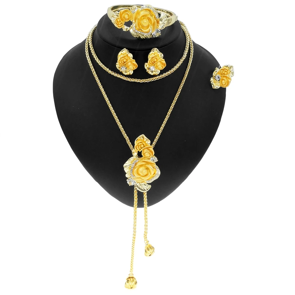 

New Long Chain Jewelry Sets Copper Alloy Gold Plated Flower Pendant Design Jewellery Set Women Party Wedding Dating Banquet Gift, Gold red any color is avaliable