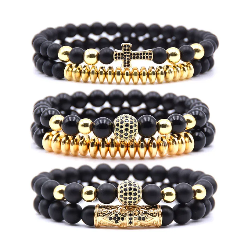 

2pc/sets Black Beads Natural Stone Bracelets For Women Micro Pave Cz Ball Charms Bracelet Men Jewelry