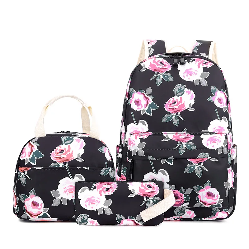 

New flowers school bags 2021 Waterproof fashion childrens backpack lunch school bags set for girls custom, 1 colors