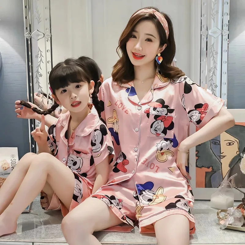 

Summer children's pajamas kids silk pajamas set boys little girls adults paternity suit satin pajamas short sleeve pyjamas set
