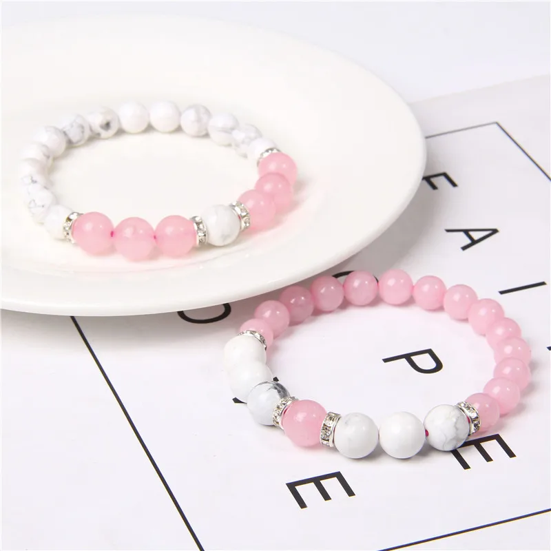 

Charm Microscope Beads Men Bracelet Natural 8 mm Aventurine rose quantz howlite Stone Beads Crown Bracelet 2pcs/set ST145, As the pictures