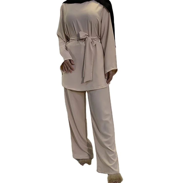 

Muslim islamic clothing Two Piece Suit women Solid color with belt Baju Kurung sets Pants, 7 colors in stock also accept customized color