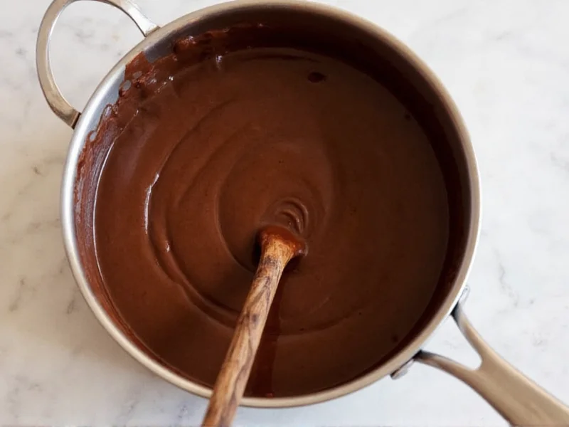 Stirring rich chocolate hot fudge sauce in a small saucepan