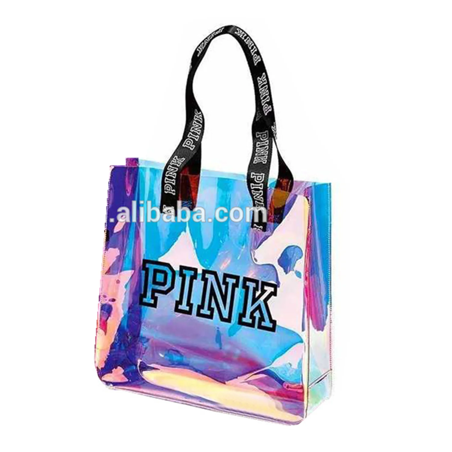 

2021 Best Selling High Quality Stock Design Fast Shipping Pink LOGO Holographic Tote Shopping Bag with Logo Handle