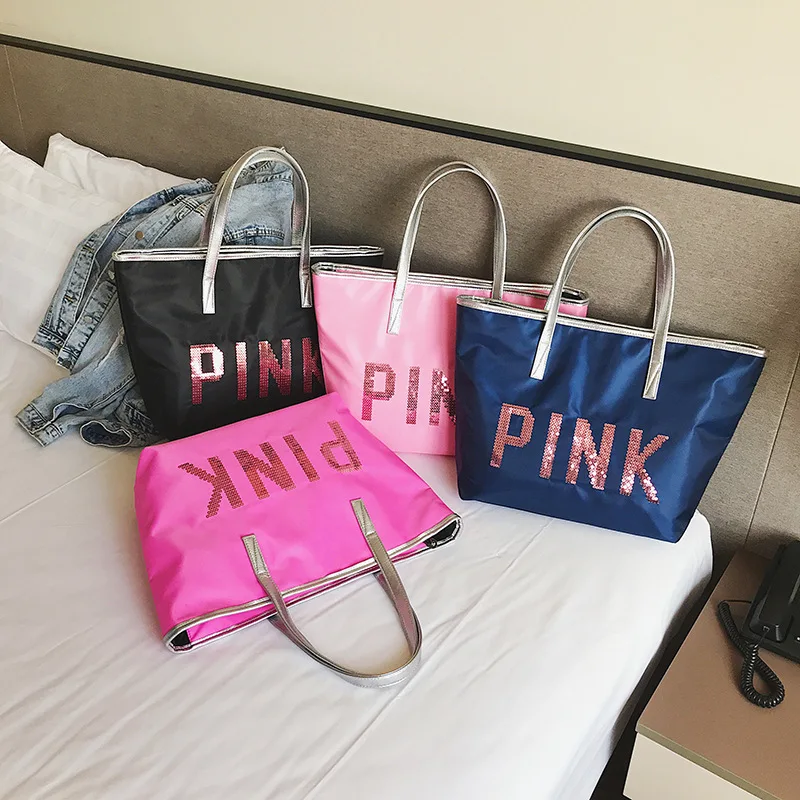 

Personalized Pink bling bling Glitter fashion Large Capacity Shopping Bag Nylon Tote Pink Woman Handbag Women Gym Yoga Bag