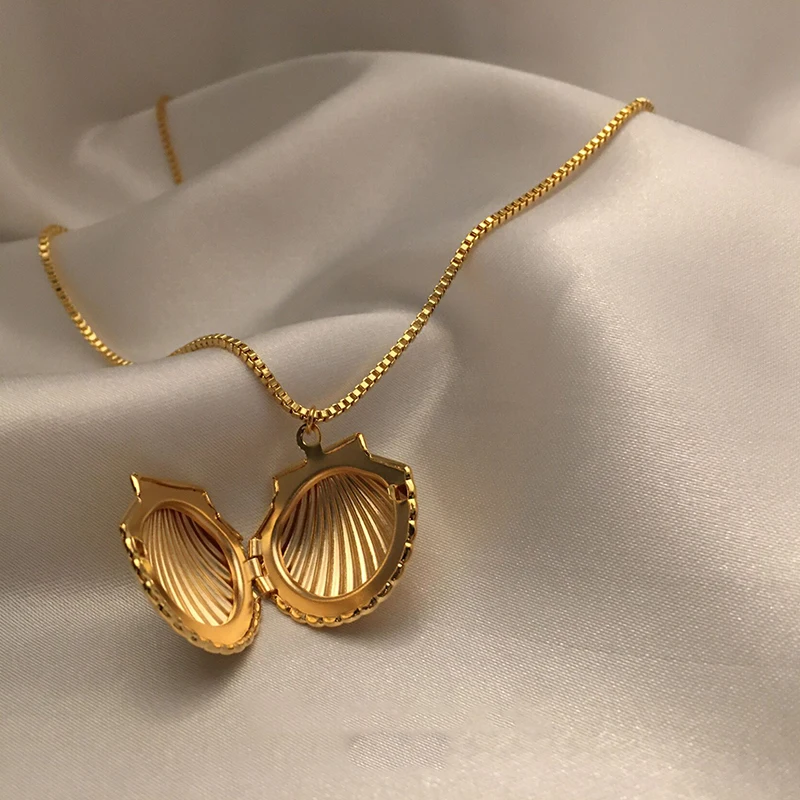 

Retractable Box Chain Shell Necklace Brass 18K Gold Plated Locket Pendant Necklace French Baroque Minimalist Vintage Jewelry Hot, Gold/silv